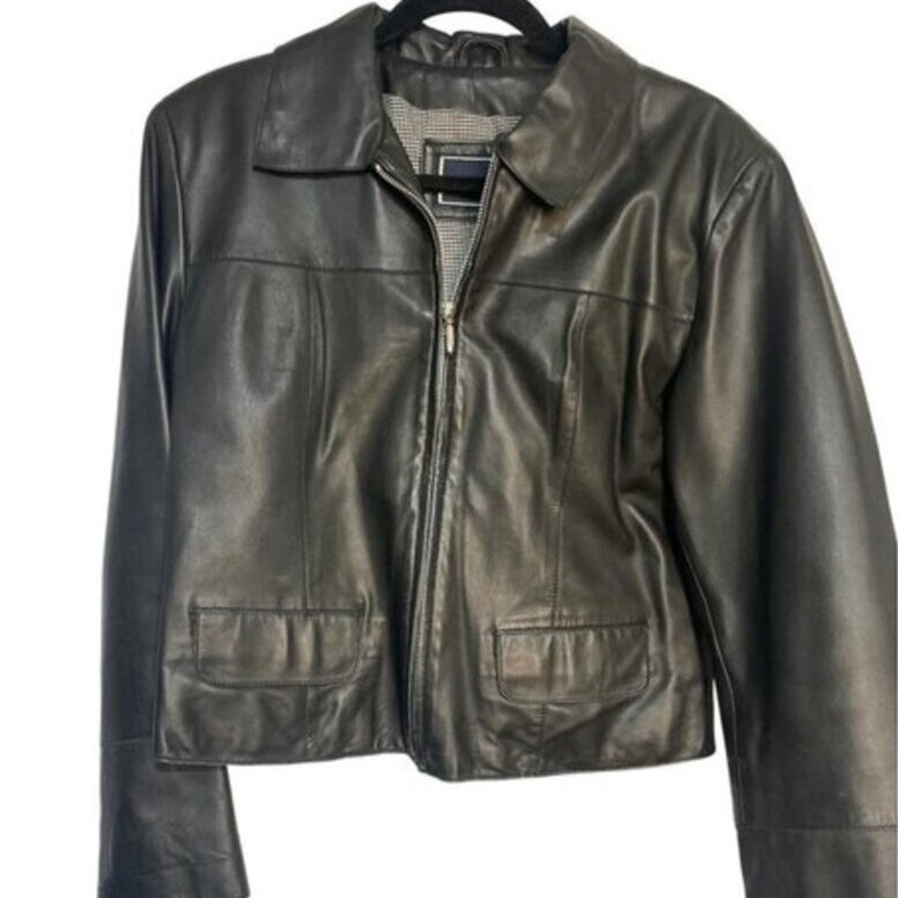 Womens Black Leather Jacket With Zip Front & Pockets By Saguaro  M Light weight